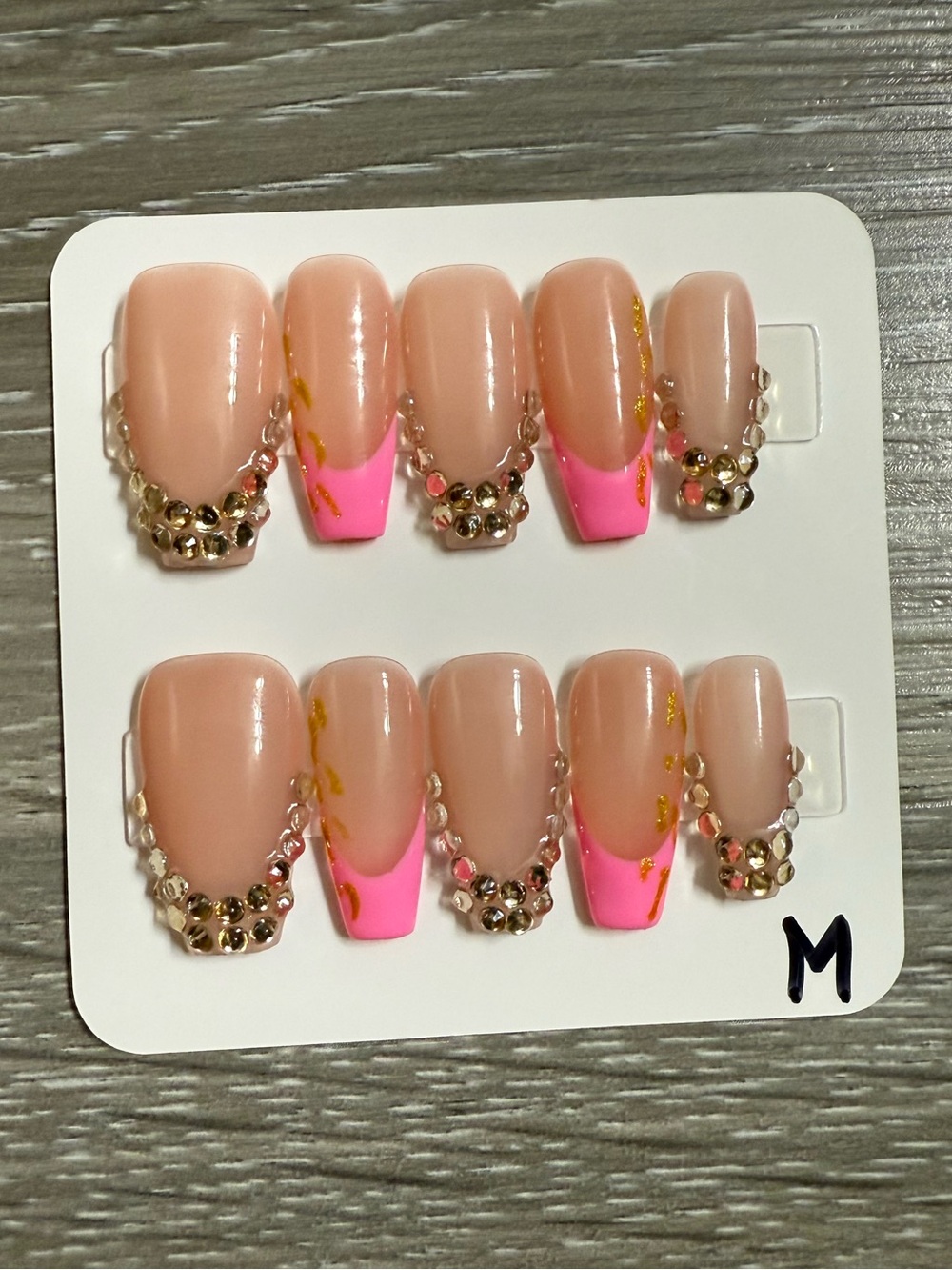 Pink Accent Nude Press-On Nails with Rhinestone Accents